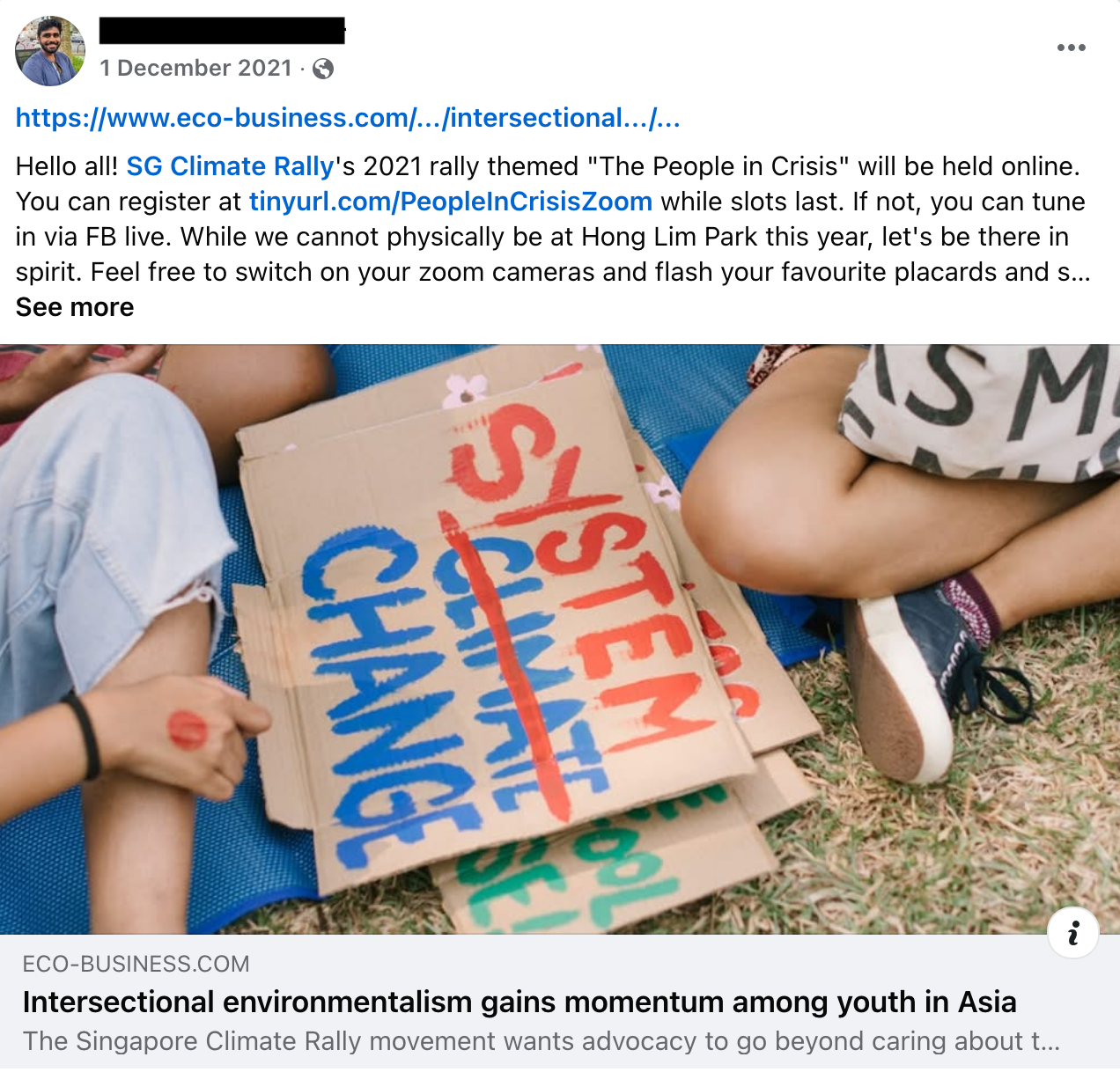 screenshot of post in Climate Media Hub about Singapore Climate Rally's online rally